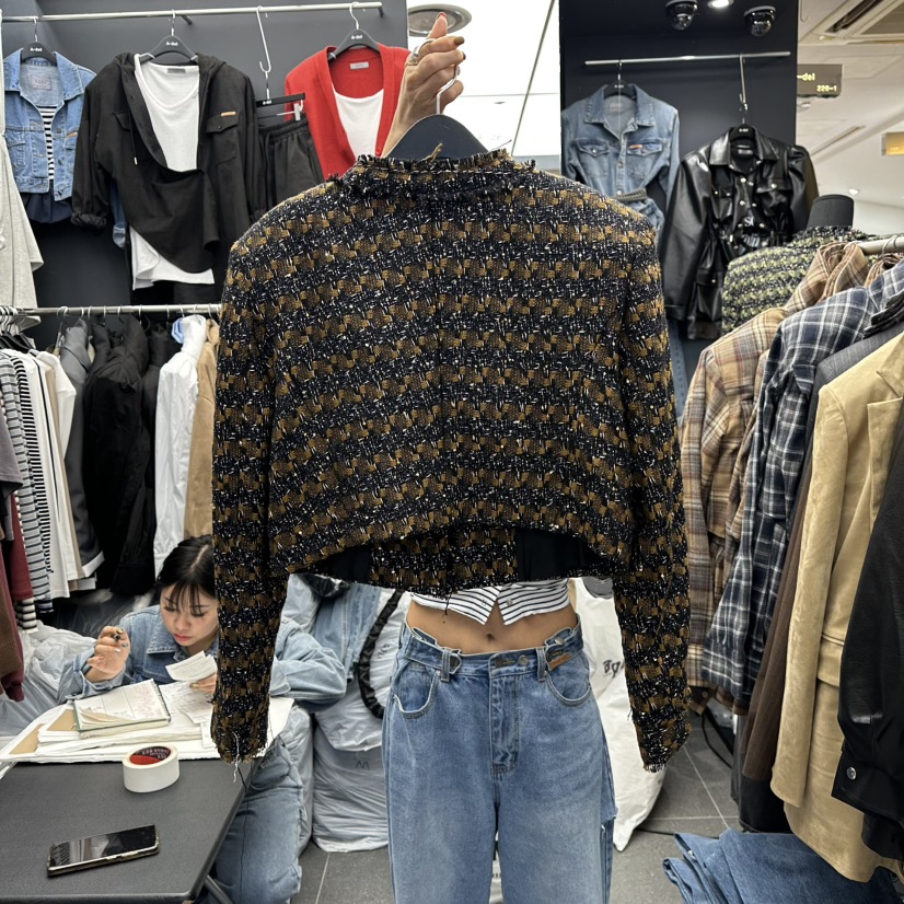 A-DEL韓國代購㊣女裝新款職業時尚休閑人氣夾克粗花呢復古A-DEL夾克