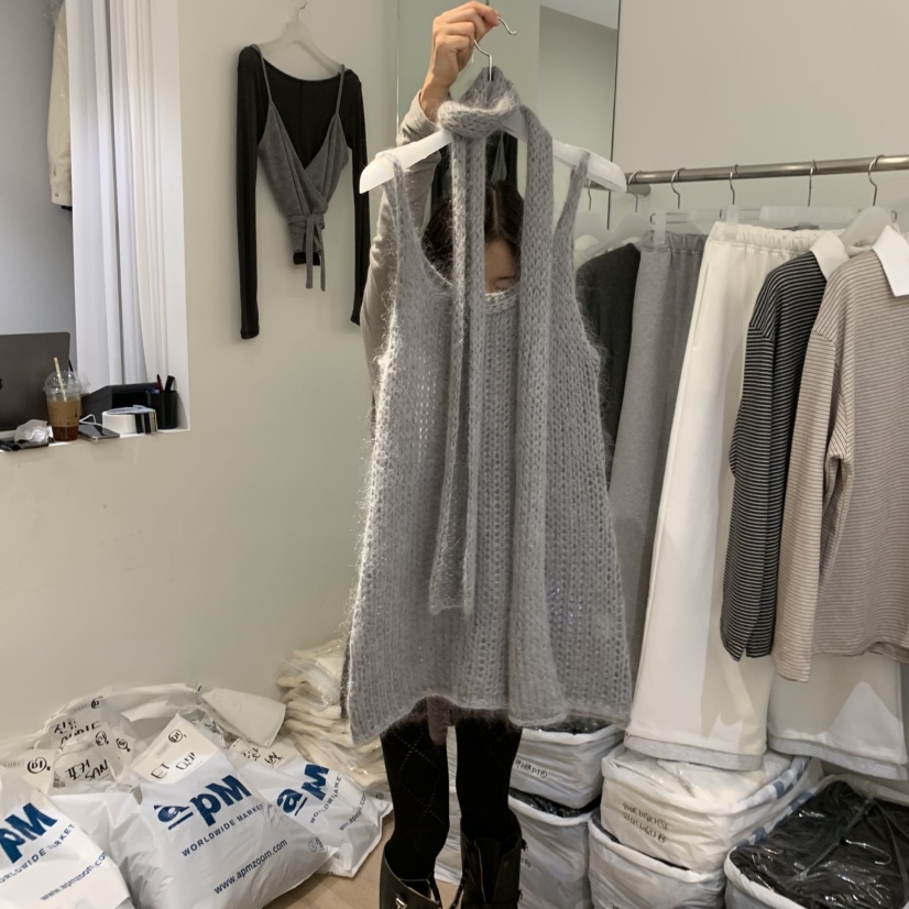 AUBE東大門㊣代購女士新品25秋冬人氣吊帶背心含飄帶馬海毛AUBE吊帶/背心圖色3