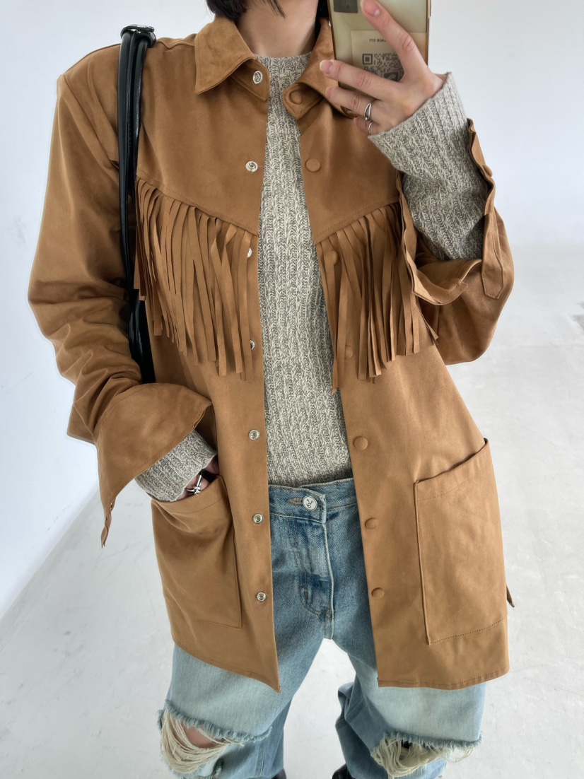 REIZ韓國代購㊣女裝新品25秋冬時尚職業襯衫蕾絲衫絨面革流蘇REIZ襯衫/蕾絲衫