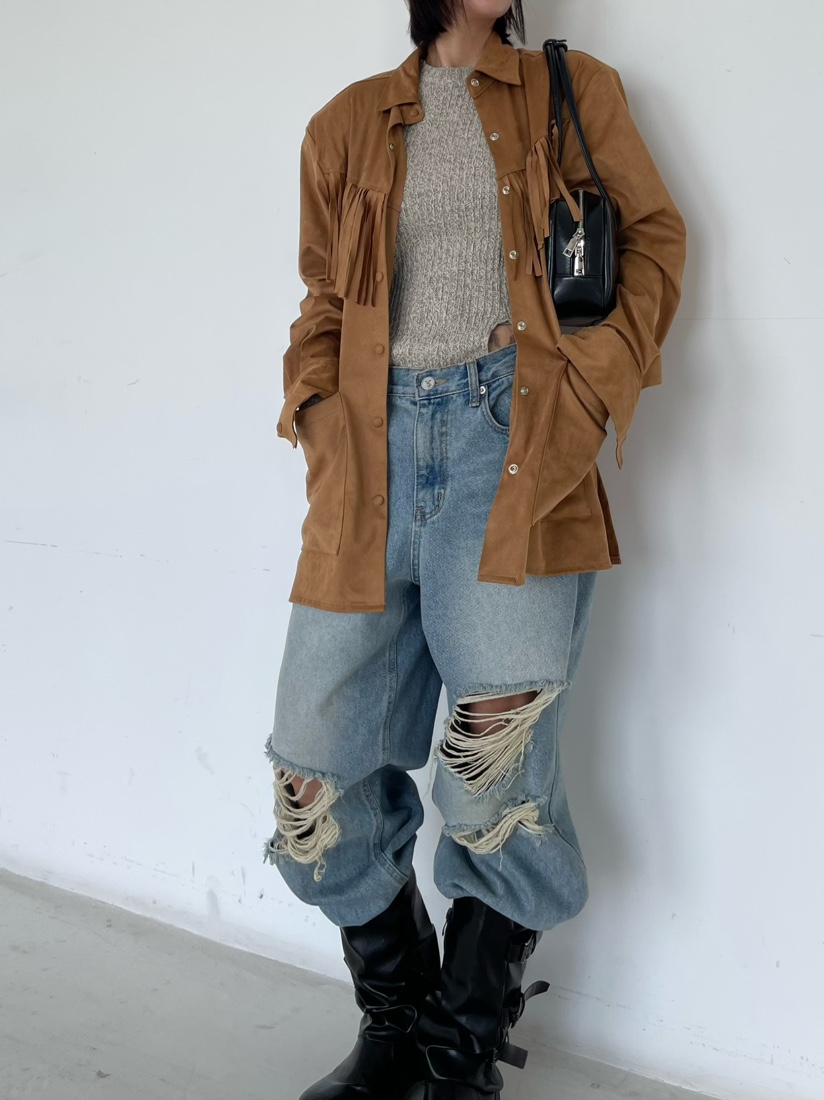 REIZ韓國代購㊣女裝新品25秋冬時尚職業襯衫蕾絲衫絨面革流蘇REIZ襯衫/蕾絲衫