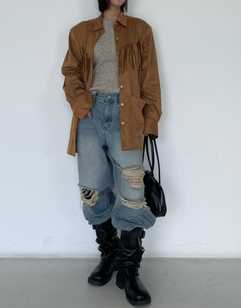 REIZ韓國代購㊣女裝新品25秋冬時尚職業襯衫蕾絲衫絨面革流蘇REIZ襯衫/蕾絲衫