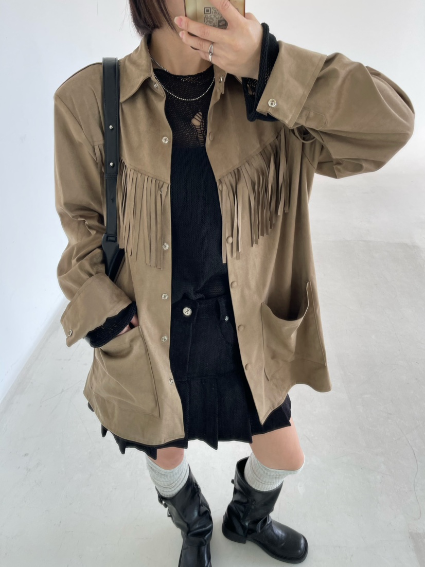 REIZ韓國代購㊣女裝新品25秋冬時尚職業襯衫蕾絲衫絨面革流蘇REIZ襯衫/蕾絲衫