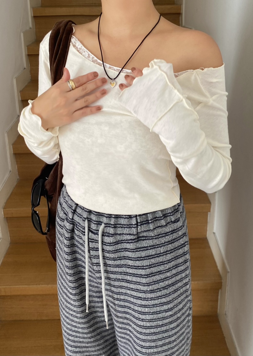 OUPPT東大門㊣代購女裝新品人氣真品時尚職業長袖T恤蕾絲褶皺OUPPT長袖T恤