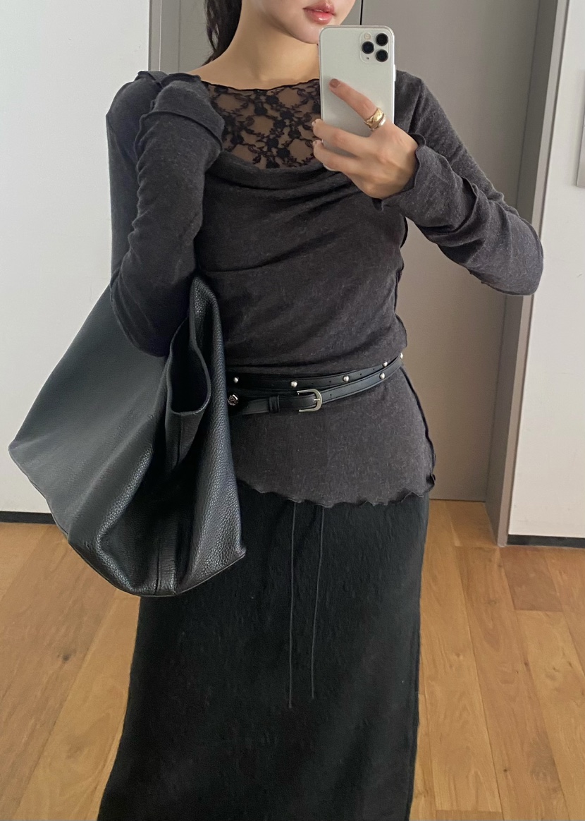 OUPPT東大門㊣代購女裝新品人氣真品時尚職業長袖T恤蕾絲褶皺OUPPT長袖T恤