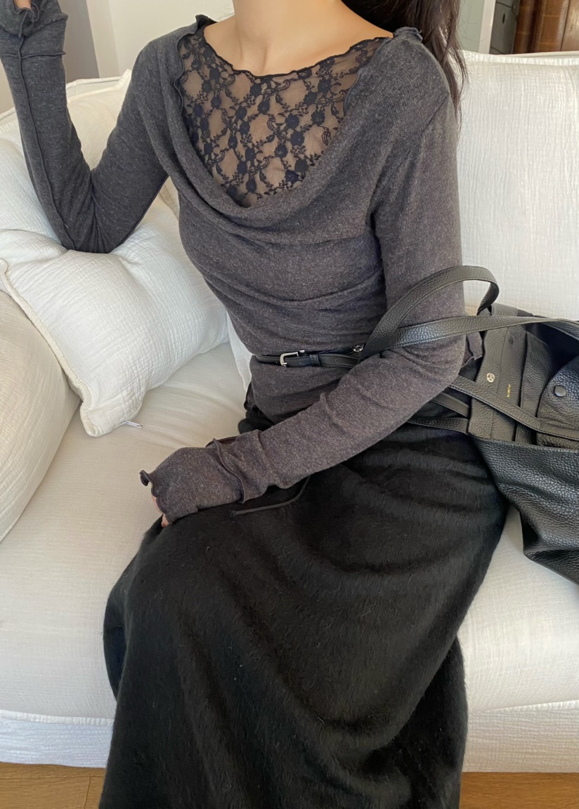 OUPPT東大門㊣代購女裝新品人氣真品時尚職業長袖T恤蕾絲褶皺OUPPT長袖T恤