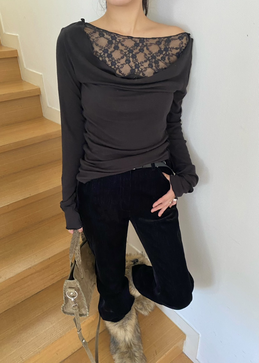 OUPPT東大門㊣代購女裝新品人氣真品時尚職業長袖T恤蕾絲褶皺OUPPT長袖T恤