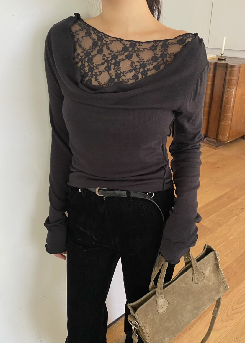 OUPPT東大門㊣代購女裝新品人氣真品時尚職業長袖T恤蕾絲褶皺OUPPT長袖T恤圖色4