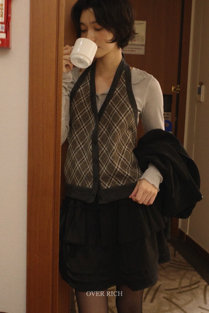 OVER RICH東大門㊣實拍女裝新品職業人氣吊帶背心羊毛格紋OVER RICH吊帶/背心