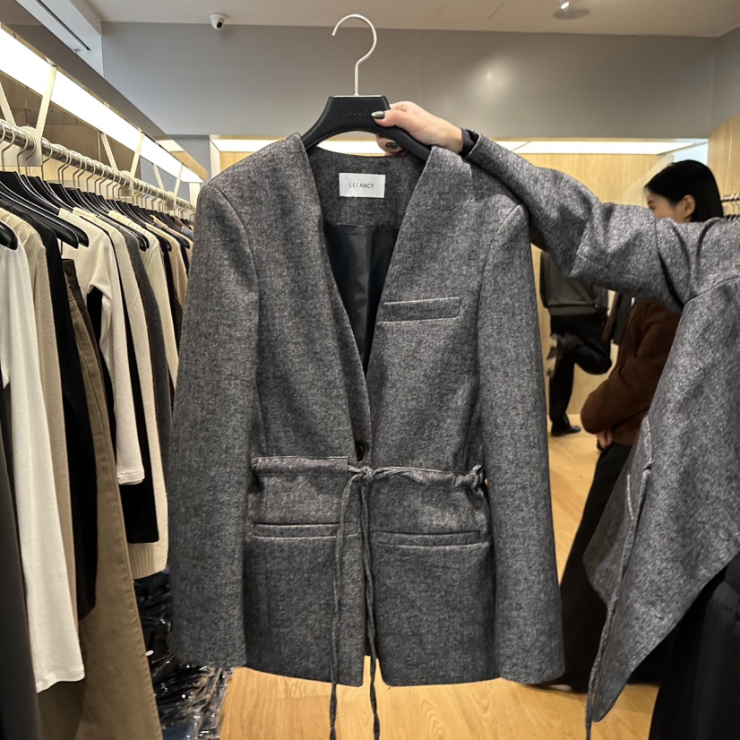 LEFANCY東大門㊣代購女裝新款推薦時尚職業熱賣夾克人字形腰帶LEFANCY夾克圖色2