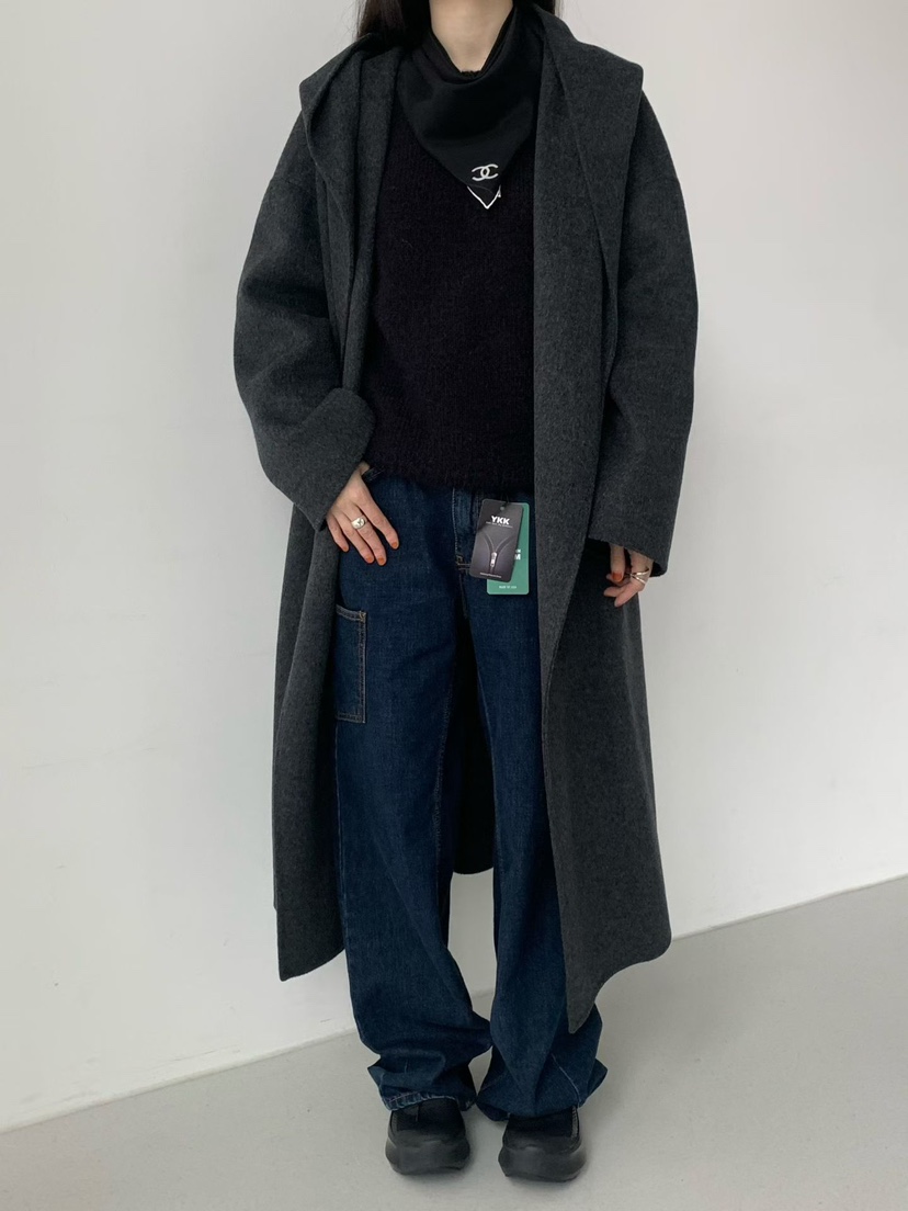 TAF韓國直郵㊣女士新款真品中長款大衣手工制作含腰帶連帽衫長款TAF中長款大衣