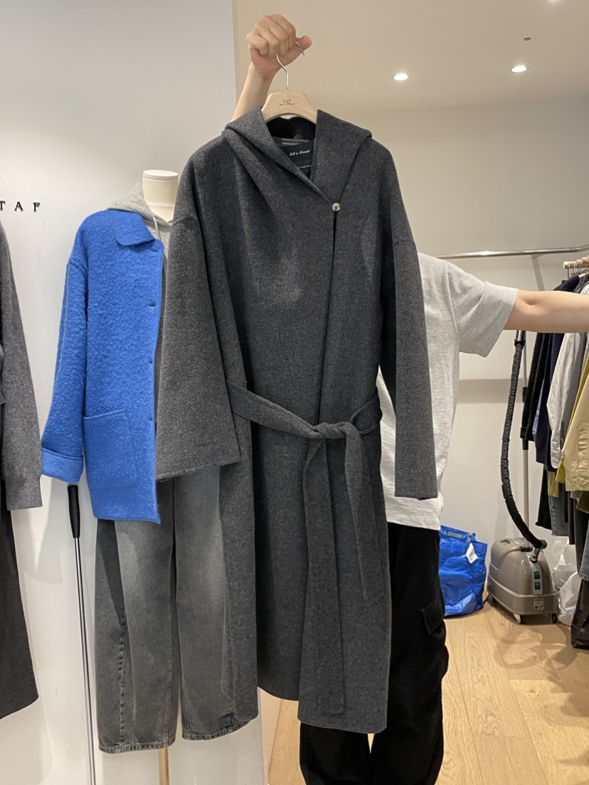 TAF韓國直郵㊣女士新款真品中長款大衣手工制作含腰帶連帽衫長款TAF中長款大衣