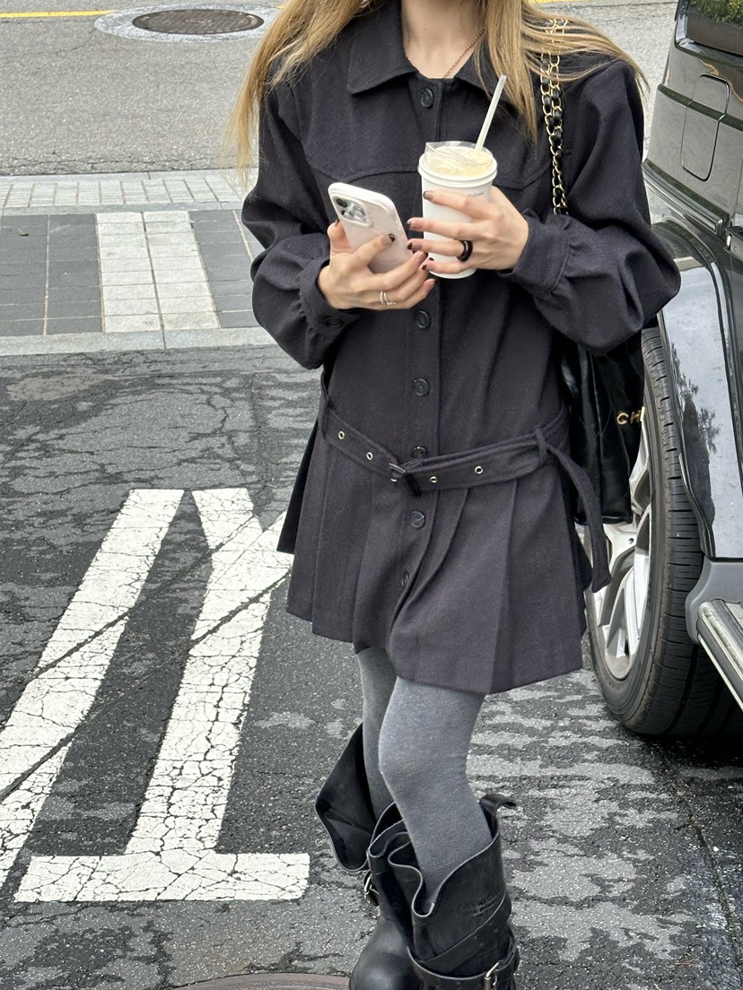 ZEROZERO韓國代購㊣女裝新款推薦時尚人氣連衣裙含腰帶羊毛ZEROZERO連衣裙圖色3