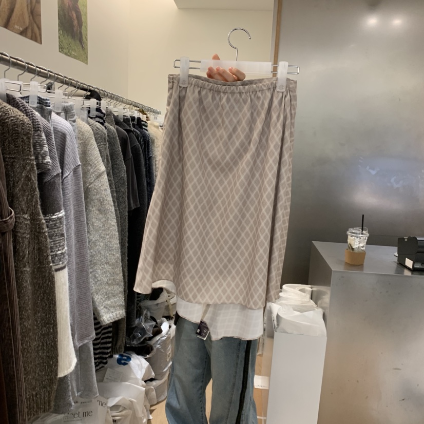 MEET ME韓國直郵㊣女裝新品時尚休閑半身裙中短裙格紋絲質MEET ME半身裙/中短裙