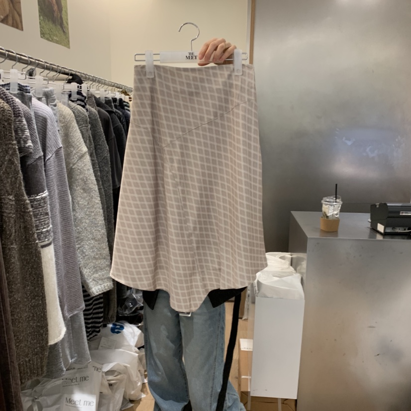 MEET ME韓國直郵㊣女裝新品時尚休閑半身裙中短裙格紋絲質MEET ME半身裙/中短裙圖色1