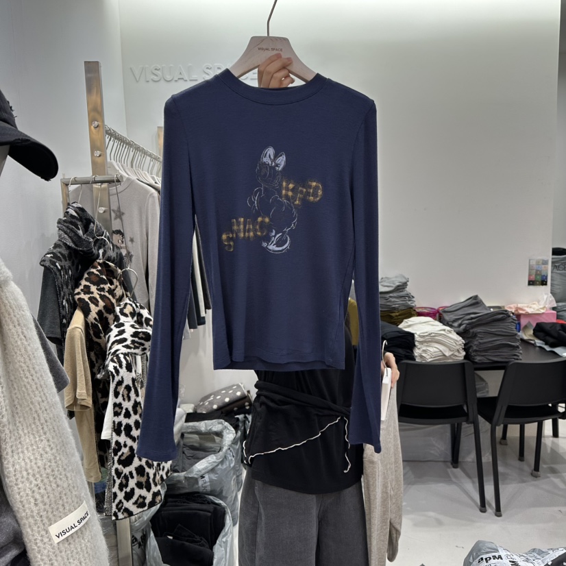 VISUAL SPACE韓國直郵㊣女裝新款時尚休閑人氣長袖T恤格紋VISUAL SPACE長袖T恤圖色2