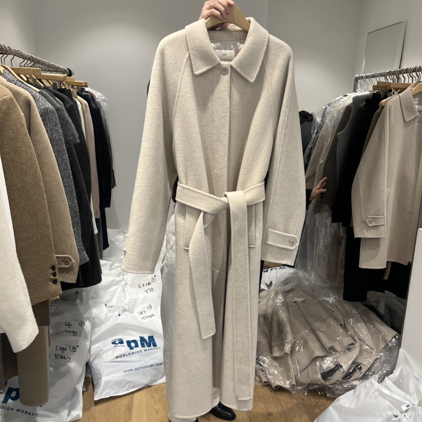 OUR-A韓國代購㊣女裝新品休閑推薦中長款大衣手工制作含腰帶OUR-A中長款大衣