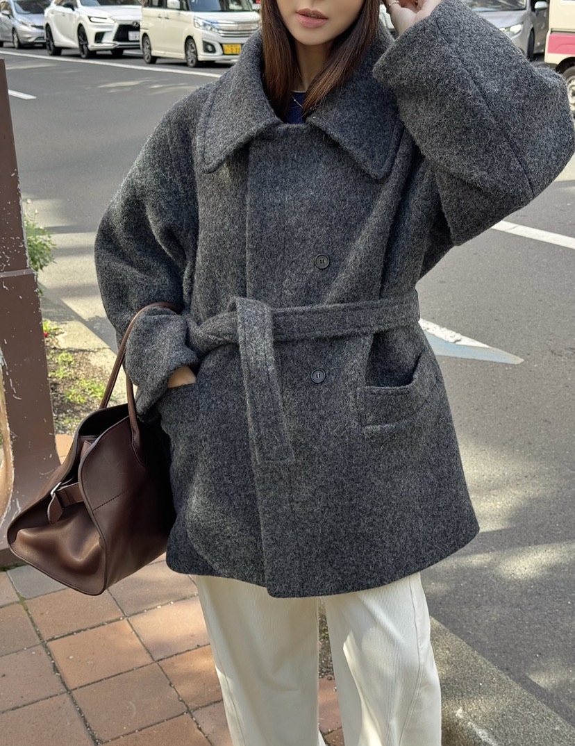 THE ABLE韓國代購㊣女裝新品25秋冬熱賣短款大衣含腰帶羊毛THE ABLE/TA短款大衣