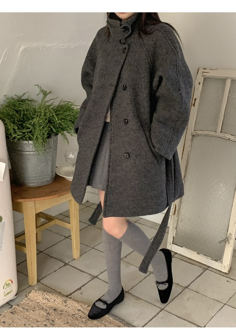 FRILL-T韓國代購㊣女士新品職業時尚25秋冬中長款大衣含腰帶FRILL-T中長款大衣