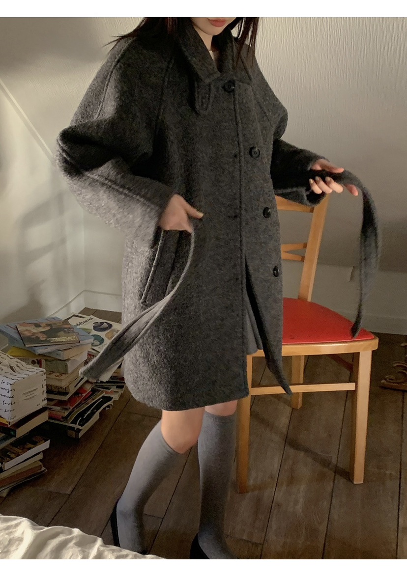 FRILL-T韓國代購㊣女士新品職業時尚25秋冬中長款大衣含腰帶FRILL-T中長款大衣