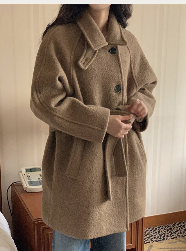 FRILL-T韓國代購㊣女士新品職業時尚25秋冬中長款大衣含腰帶FRILL-T中長款大衣