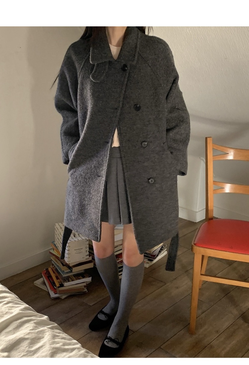 FRILL-T韓國代購㊣女士新品職業時尚25秋冬中長款大衣含腰帶FRILL-T中長款大衣