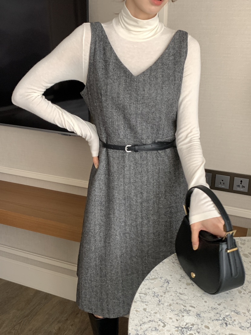 FRILL-T東大門㊣實拍女裝新品熱賣真品連衣裙不含內搭人字紋FRILL-T連衣裙