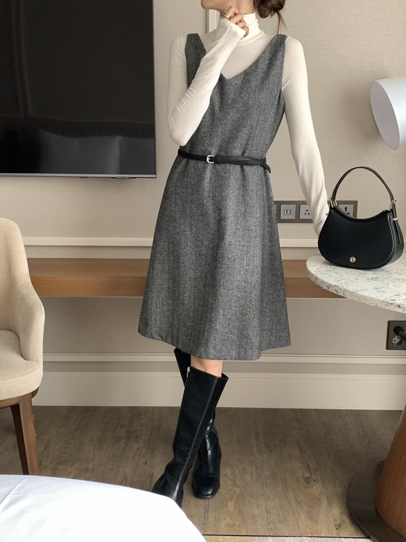 FRILL-T東大門㊣實拍女裝新品熱賣真品連衣裙不含內搭人字紋FRILL-T連衣裙