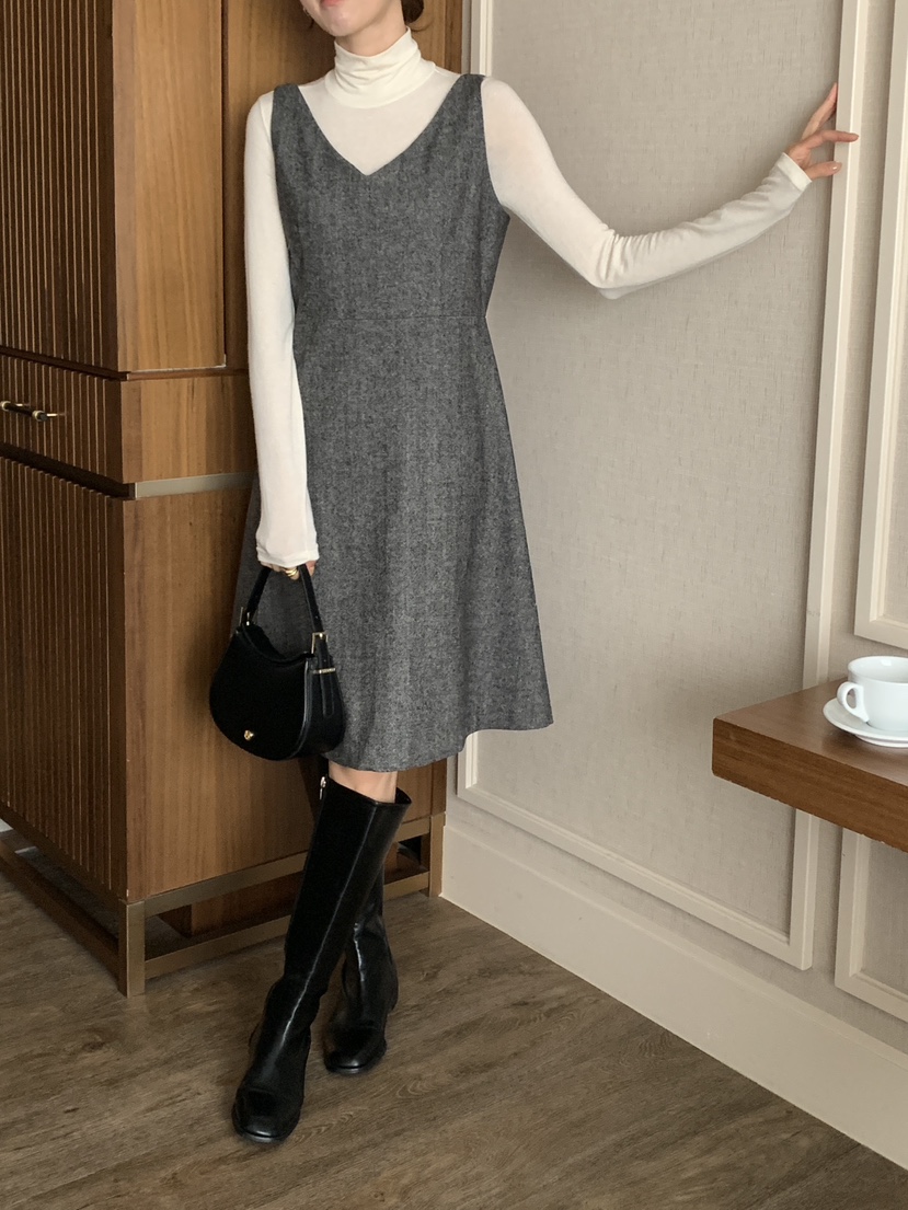 FRILL-T東大門㊣實拍女裝新品熱賣真品連衣裙不含內搭人字紋FRILL-T連衣裙