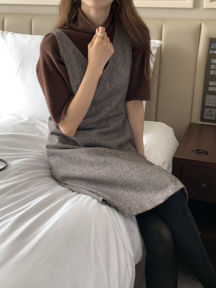 FRILL-T東大門㊣實拍女裝新品熱賣真品連衣裙不含內搭人字紋FRILL-T連衣裙