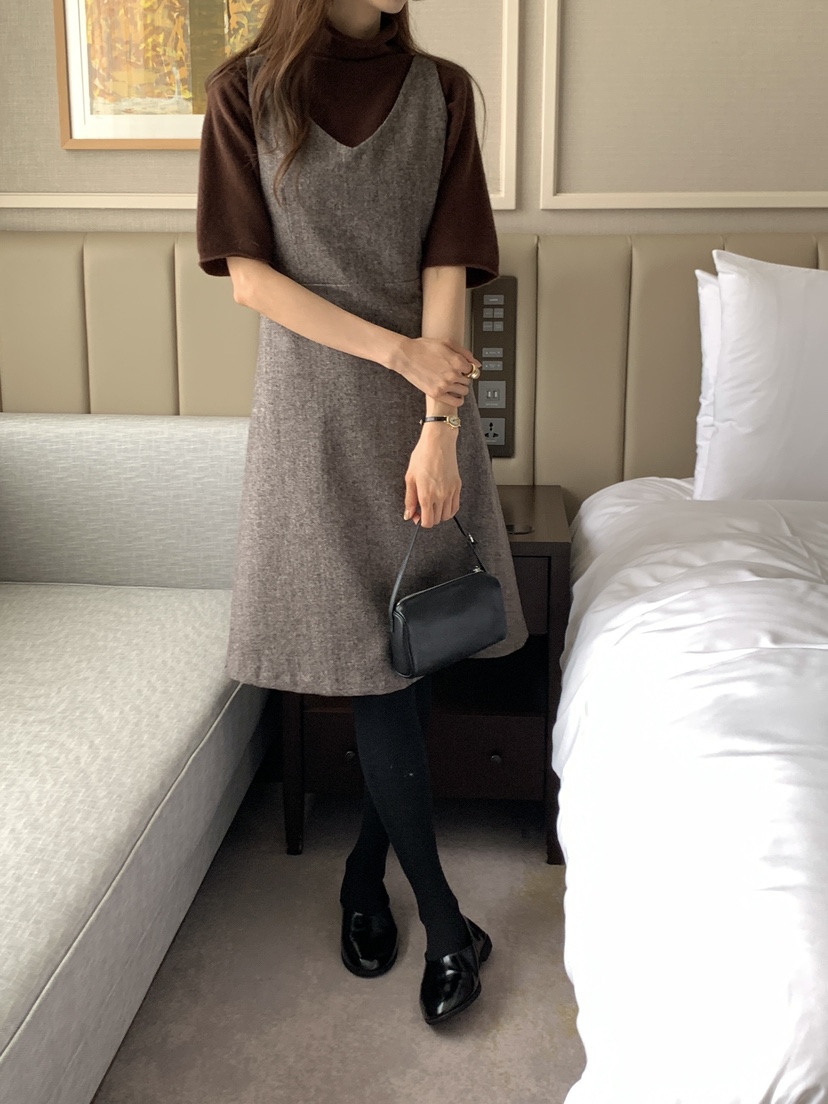FRILL-T東大門㊣實拍女裝新品熱賣真品連衣裙不含內搭人字紋FRILL-T連衣裙