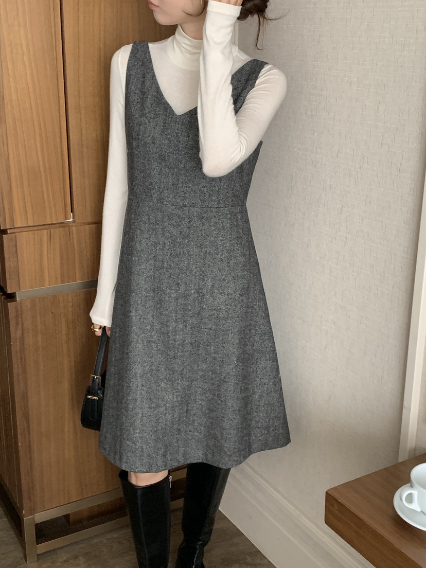FRILL-T東大門㊣實拍女裝新品熱賣真品連衣裙不含內搭人字紋FRILL-T連衣裙