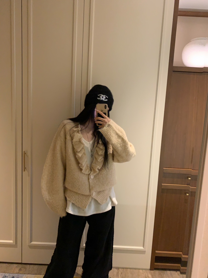 VIRKIN韓國代購㊣女士新款人氣真品推薦針織衫褶邊針織開衫VIRKIN針織衫