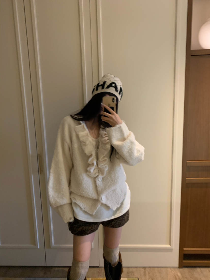 VIRKIN韓國代購㊣女士新款人氣真品推薦針織衫褶邊針織開衫VIRKIN針織衫