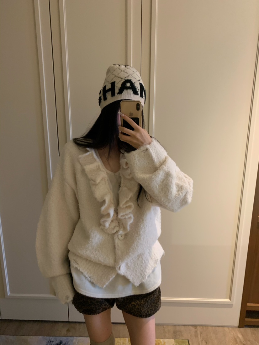 VIRKIN韓國代購㊣女士新款人氣真品推薦針織衫褶邊針織開衫VIRKIN針織衫