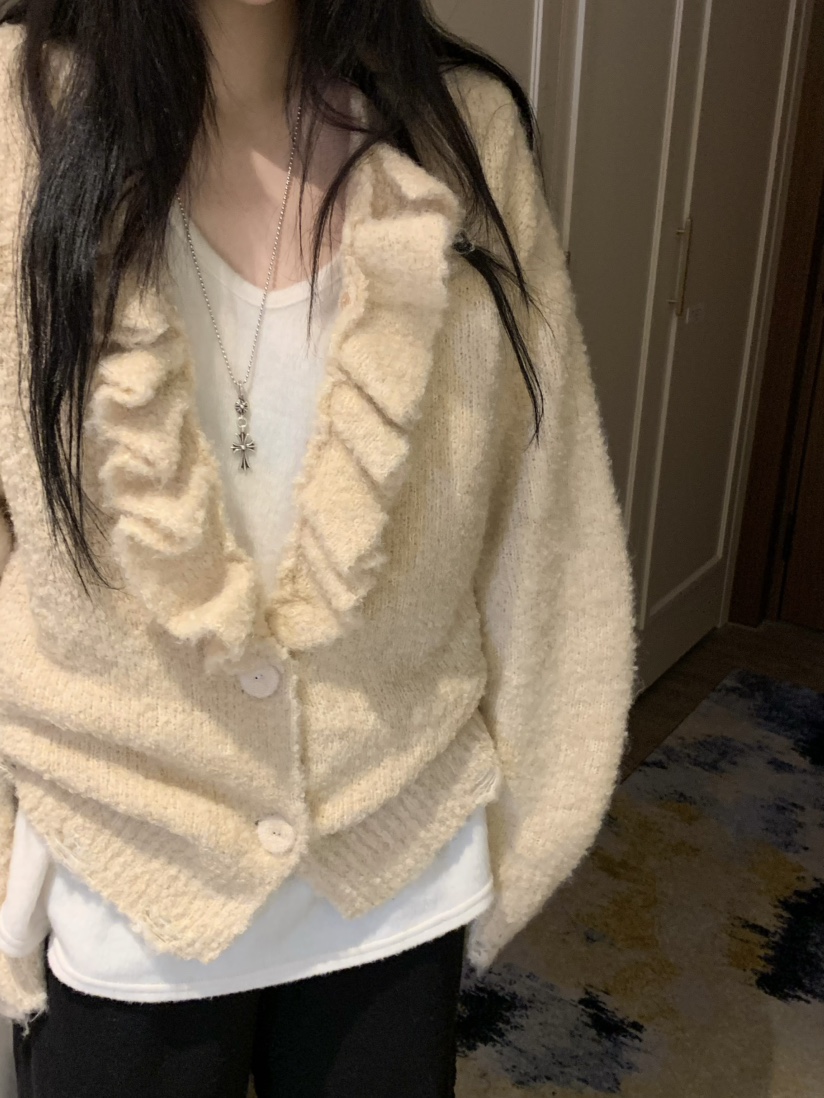 VIRKIN韓國代購㊣女士新款人氣真品推薦針織衫褶邊針織開衫VIRKIN針織衫