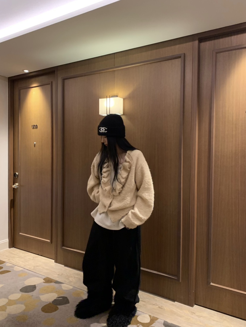 VIRKIN韓國代購㊣女士新款人氣真品推薦針織衫褶邊針織開衫VIRKIN針織衫