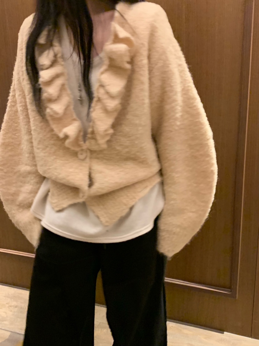 VIRKIN韓國代購㊣女士新款人氣真品推薦針織衫褶邊針織開衫VIRKIN針織衫