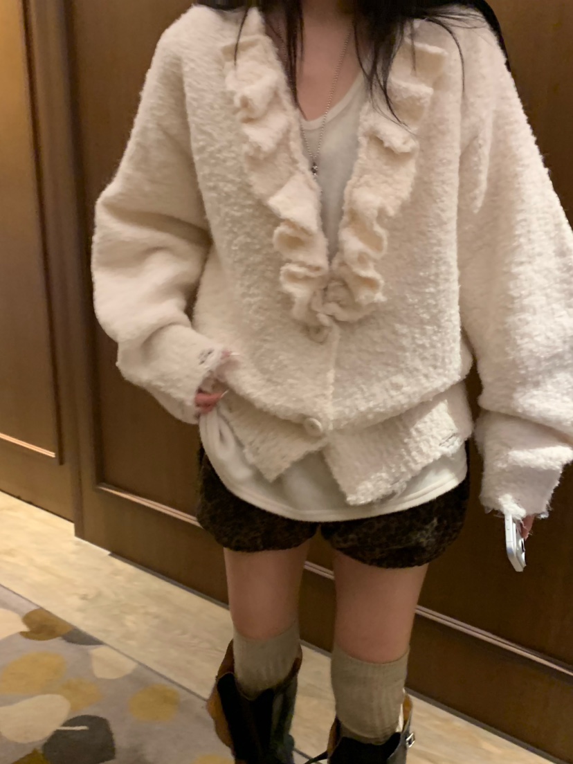 VIRKIN韓國代購㊣女士新款人氣真品推薦針織衫褶邊針織開衫VIRKIN針織衫