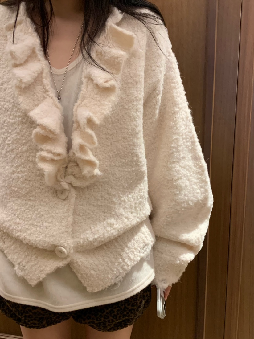 VIRKIN韓國代購㊣女士新款人氣真品推薦針織衫褶邊針織開衫VIRKIN針織衫