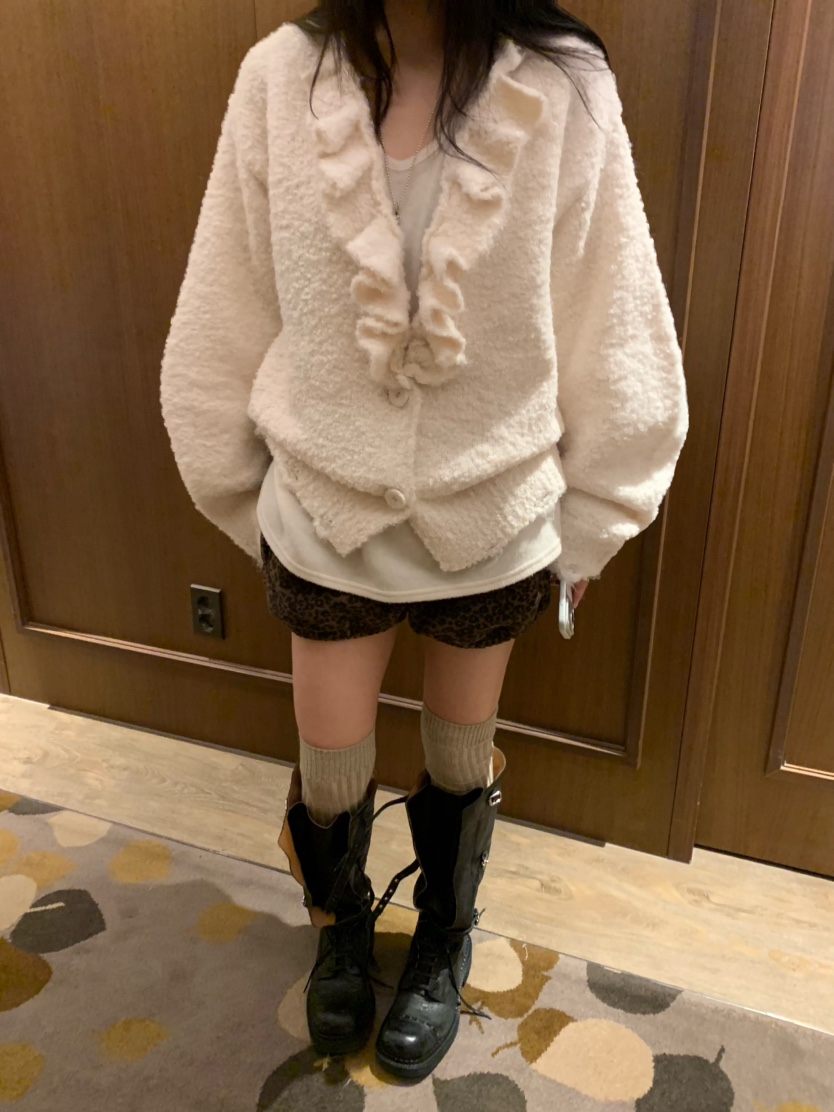 VIRKIN韓國代購㊣女士新款人氣真品推薦針織衫褶邊針織開衫VIRKIN針織衫