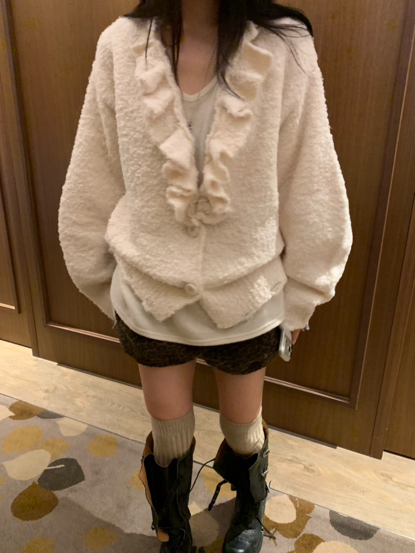 VIRKIN韓國代購㊣女士新款人氣真品推薦針織衫褶邊針織開衫VIRKIN針織衫