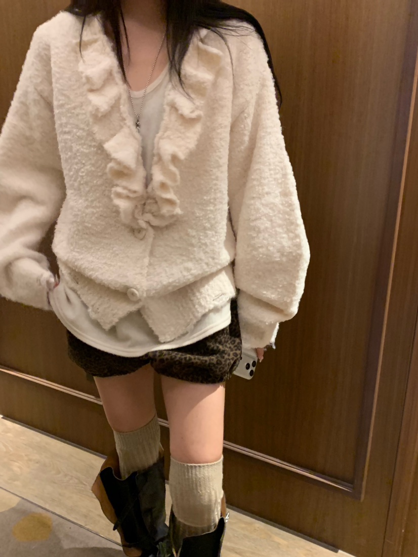 VIRKIN韓國代購㊣女士新款人氣真品推薦針織衫褶邊針織開衫VIRKIN針織衫