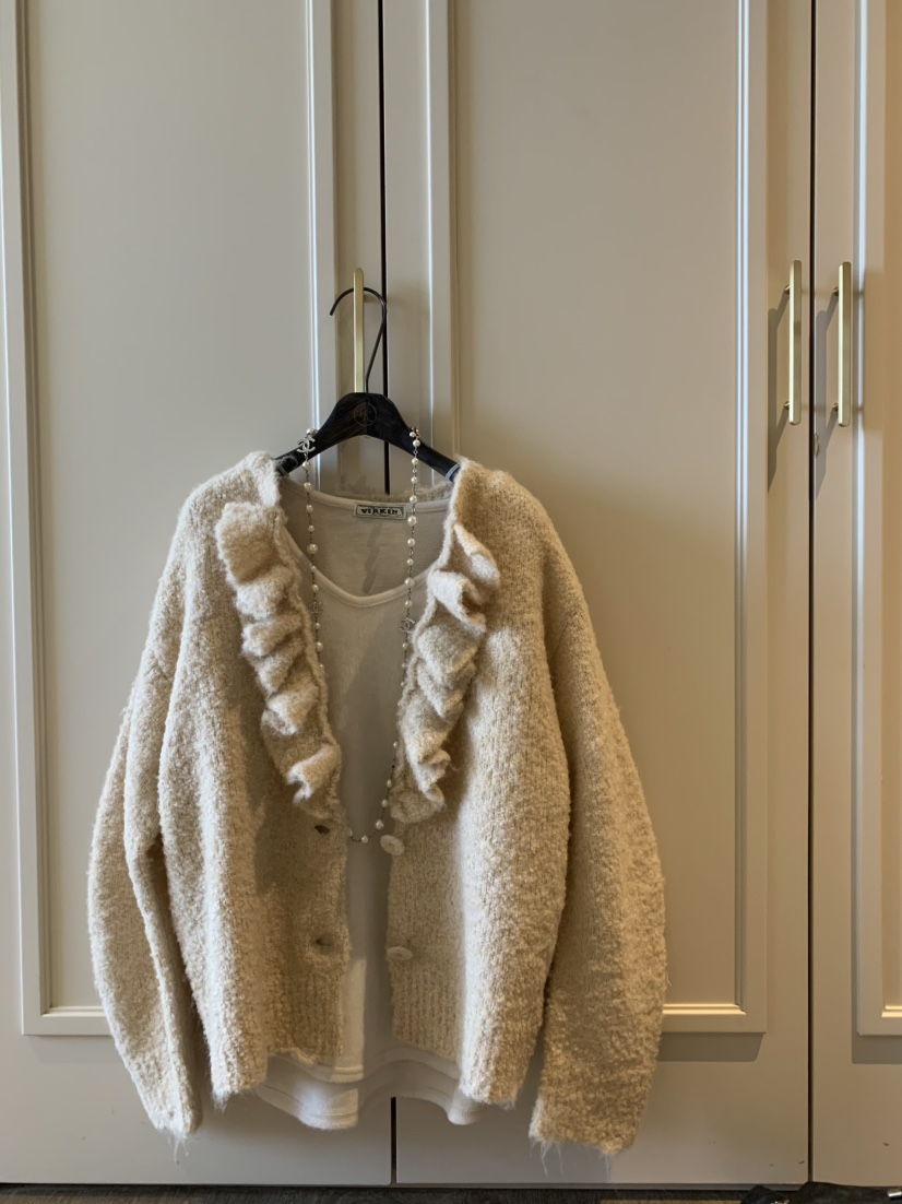 VIRKIN韓國代購㊣女士新款人氣真品推薦針織衫褶邊針織開衫VIRKIN針織衫