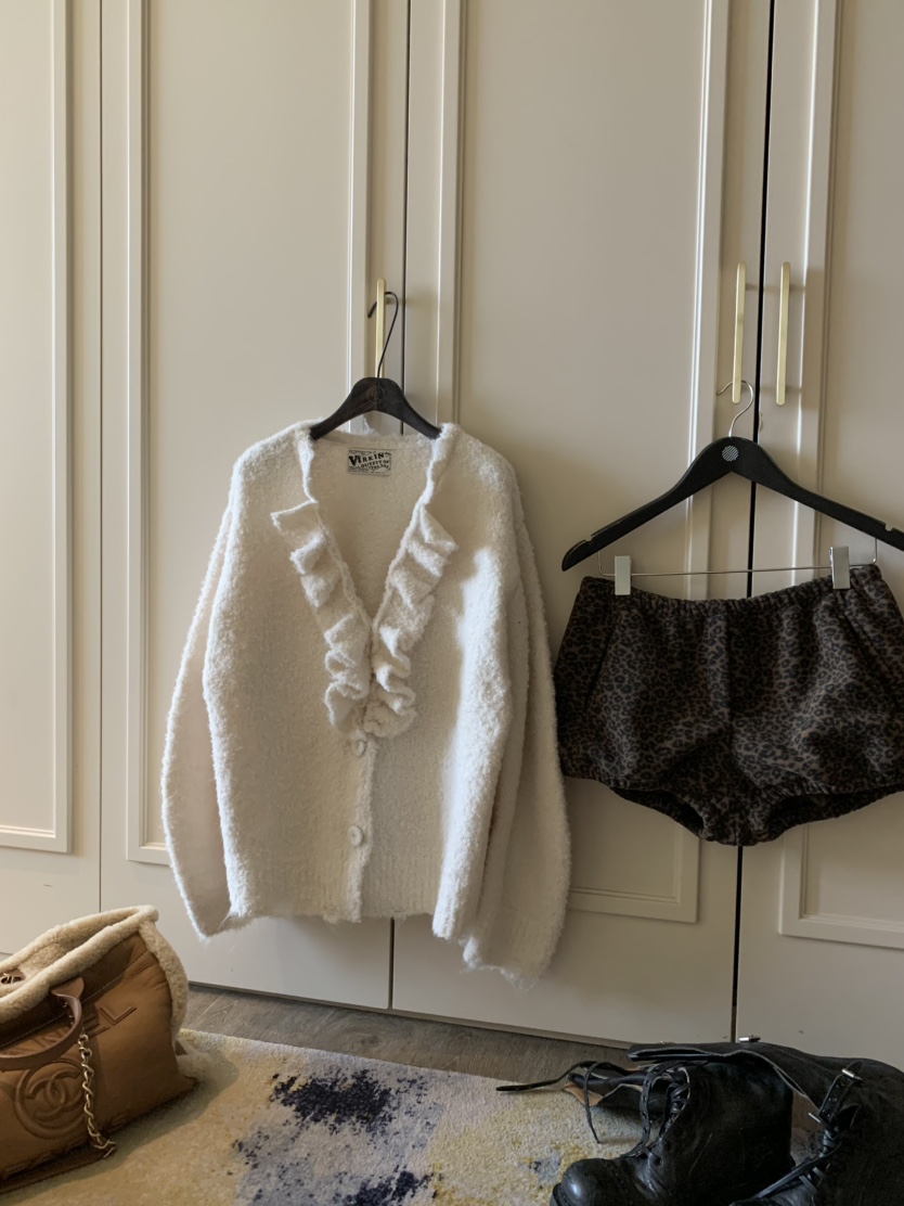 VIRKIN韓國代購㊣女士新款人氣真品推薦針織衫褶邊針織開衫VIRKIN針織衫