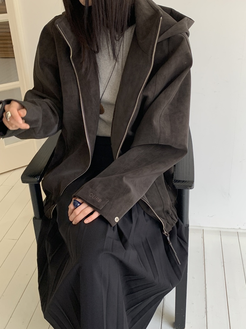 OURS東大門㊣代購女裝新款熱賣休閑推薦皮衣絨面革連帽衫水洗OURS皮衣