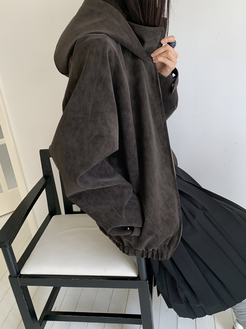 OURS東大門㊣代購女裝新款熱賣休閑推薦皮衣絨面革連帽衫水洗OURS皮衣