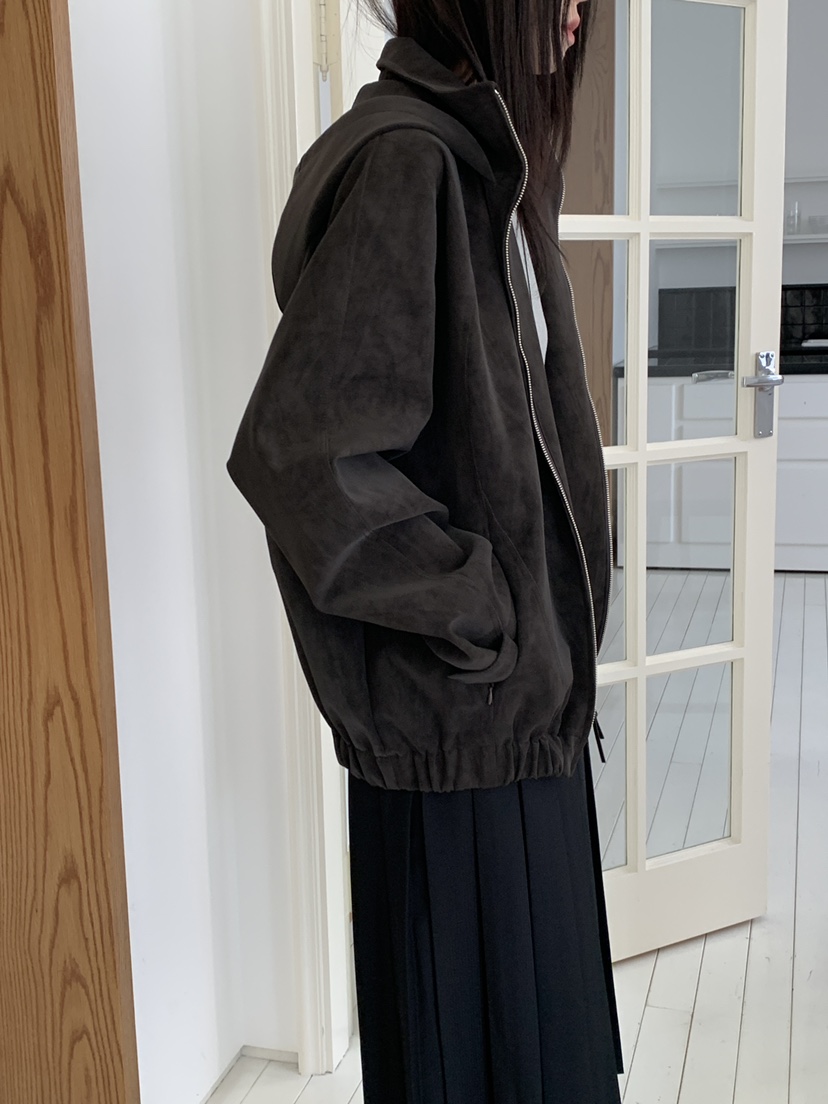 OURS東大門㊣代購女裝新款熱賣休閑推薦皮衣絨面革連帽衫水洗OURS皮衣