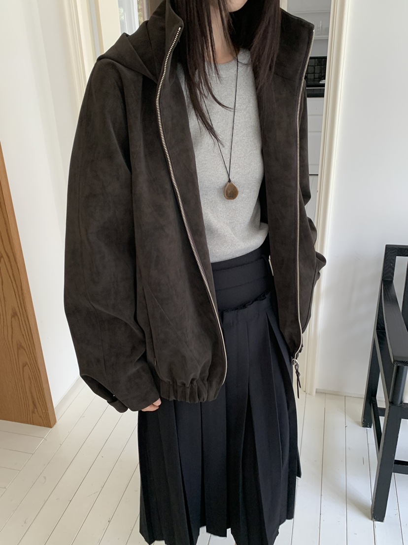 OURS東大門㊣代購女裝新款熱賣休閑推薦皮衣絨面革連帽衫水洗OURS皮衣