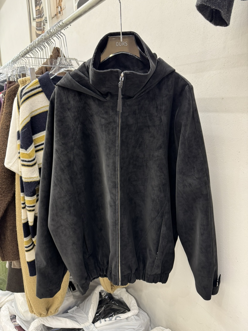 OURS東大門㊣代購女裝新款熱賣休閑推薦皮衣絨面革連帽衫水洗OURS皮衣圖色2