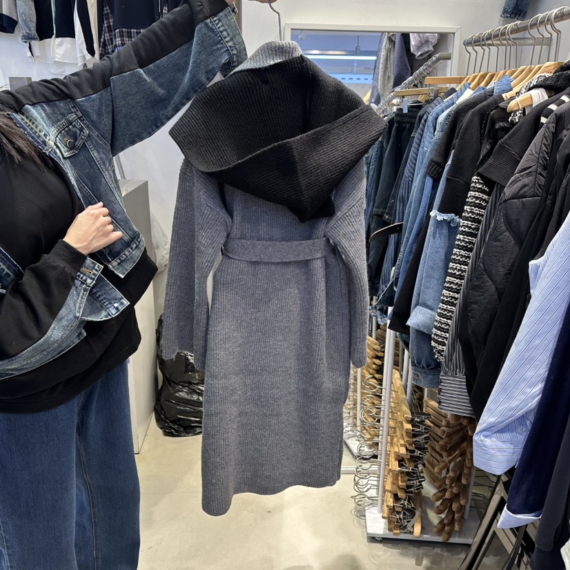 2MORROW東大門㊣實拍女士新品推薦長款風衣連帽針織衫含腰帶2MORROW長款風衣